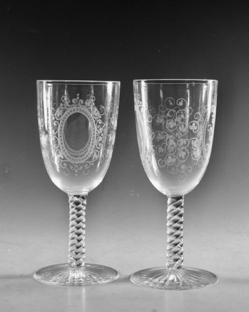 ANTIQUE GLASS GOBLETS ENGRAVED PAIR ENGLISH C1880 - ADDITIONAL PHOTO 2