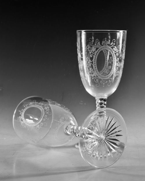 ANTIQUE GLASS GOBLETS ENGRAVED PAIR ENGLISH C1880 - ADDITIONAL PHOTO 5