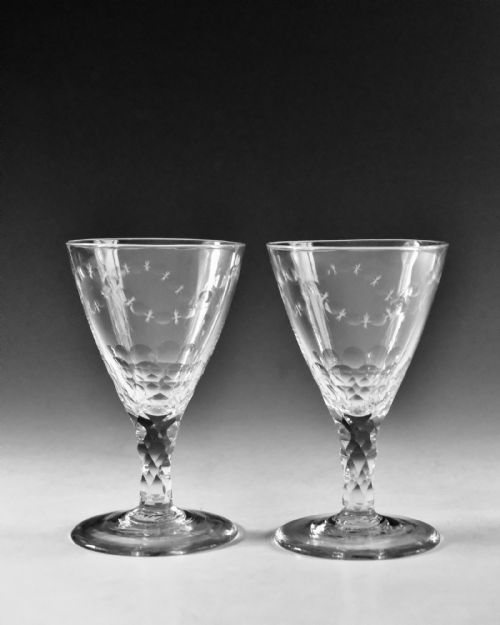 ANTIQUE GLASS PAIR OF FACET STEM GOBLETS ENGLISH C1780 - ADDITIONAL PHOTO 1