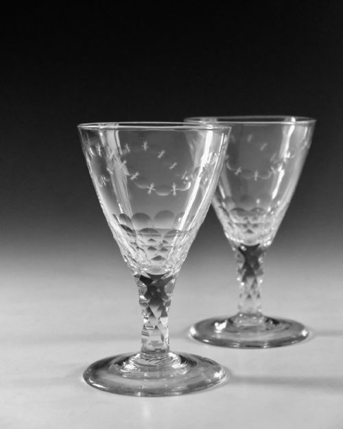 ANTIQUE GLASS PAIR OF FACET STEM GOBLETS ENGLISH C1780 - ADDITIONAL PHOTO 2