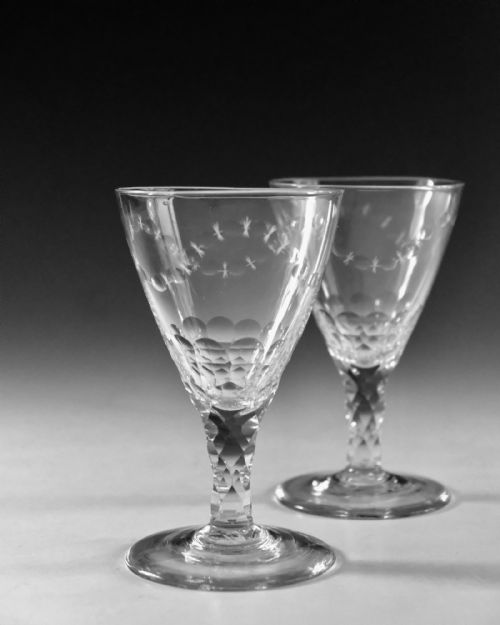 ANTIQUE GLASS PAIR OF FACET STEM GOBLETS ENGLISH C1780 - ADDITIONAL PHOTO 4