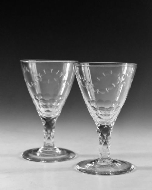 ANTIQUE GLASS PAIR OF FACET STEM GOBLETS ENGLISH C1780 - ADDITIONAL PHOTO 5