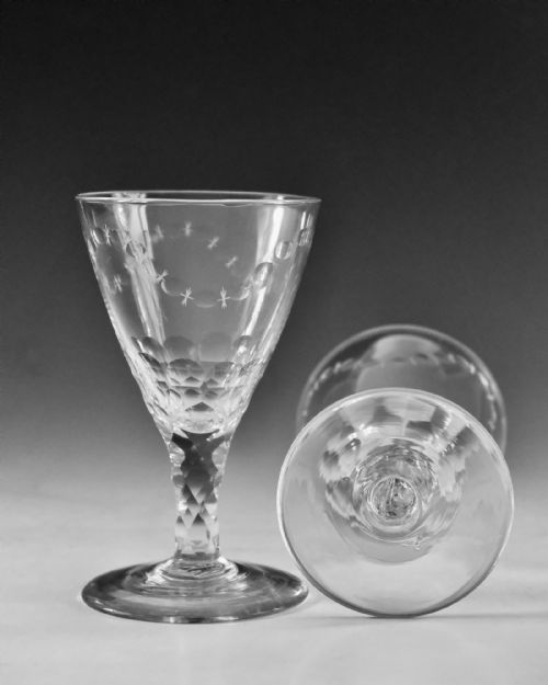 ANTIQUE GLASS PAIR OF FACET STEM GOBLETS ENGLISH C1780 - ADDITIONAL PHOTO 6
