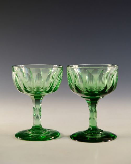 ANTIQUE GLASS SET OF SIX LIGHT GREEN CHAMPAGNE GLASSES ENGLISH C1860 - ADDITIONAL PHOTO 5