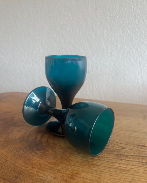 ANTIQUE GLASS SET OF SIX DEEP TURQUOISE WINE GLASSES ENGLISH C1820 - ADDITIONAL PHOTO 5