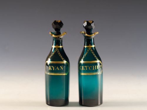 antique glass pair of green cruet bottles english c1800 - CATEGORY: ANTIQUE GLASS - DATED GEORGIAN