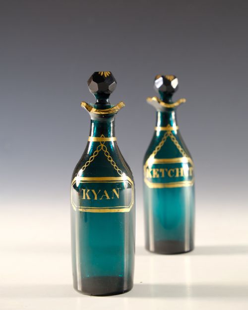 ANTIQUE GLASS PAIR OF GREEN CRUET BOTTLES ENGLISH C1800 - ADDITIONAL PHOTO 2