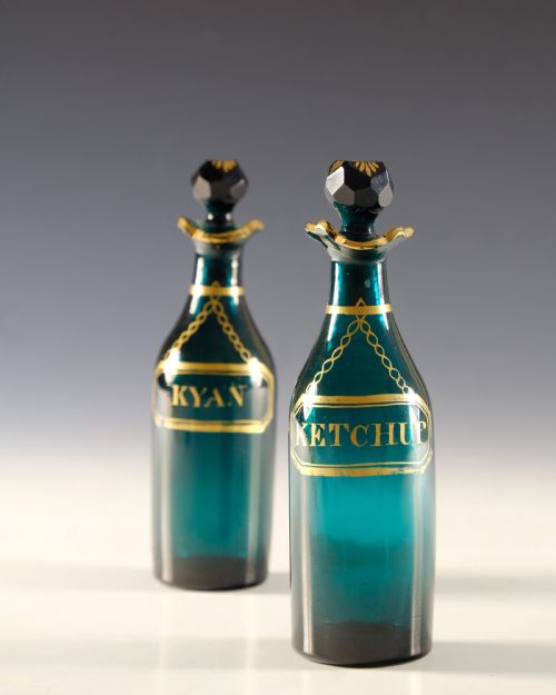 ANTIQUE GLASS PAIR OF GREEN CRUET BOTTLES ENGLISH C1800 - ADDITIONAL PHOTO 3