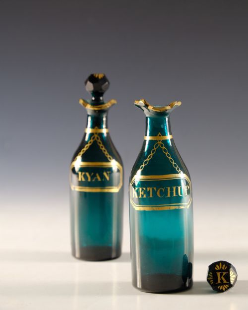 ANTIQUE GLASS PAIR OF GREEN CRUET BOTTLES ENGLISH C1800 - ADDITIONAL PHOTO 4