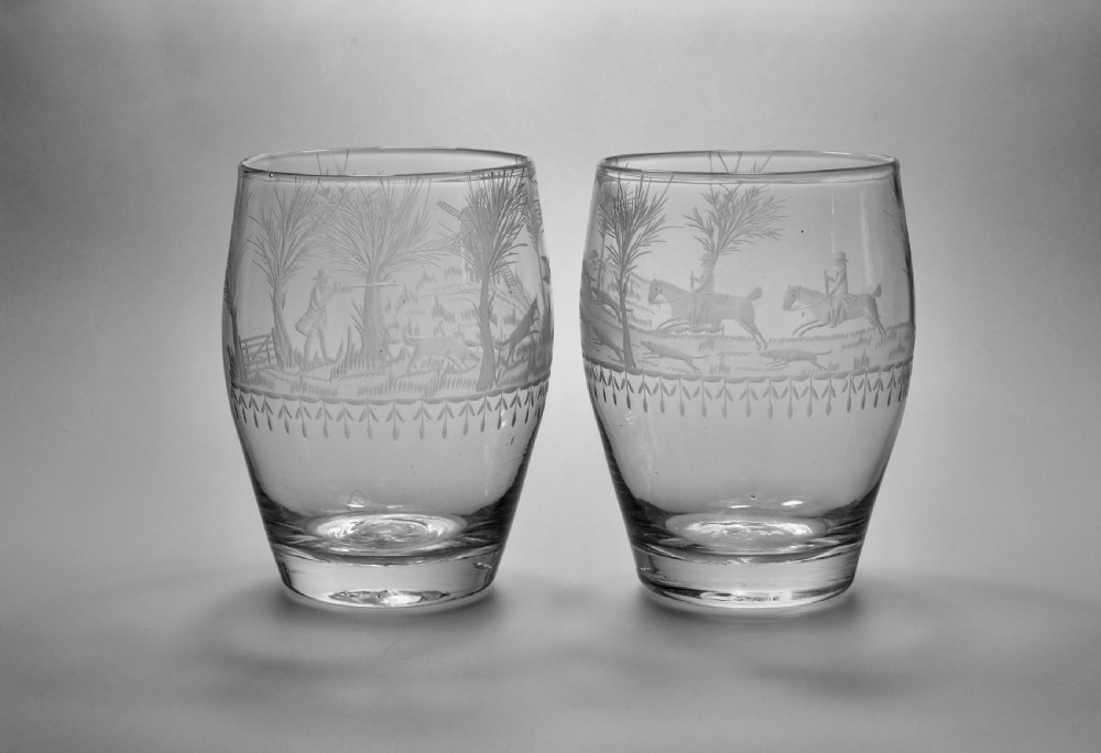 Pair of engraved Barrel-Shaped Tumblers English C1800.