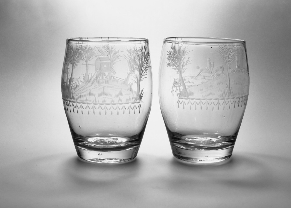 Pair of engraved Barrel-Shaped Tumblers English C1800. View II