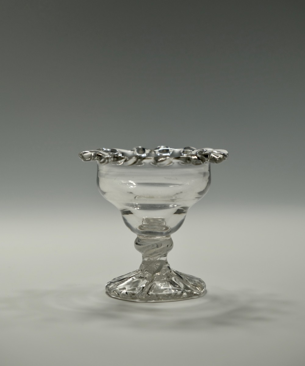 Small opaque twist sweetmeat glass with 'dogs tooth' border English C1765 View III