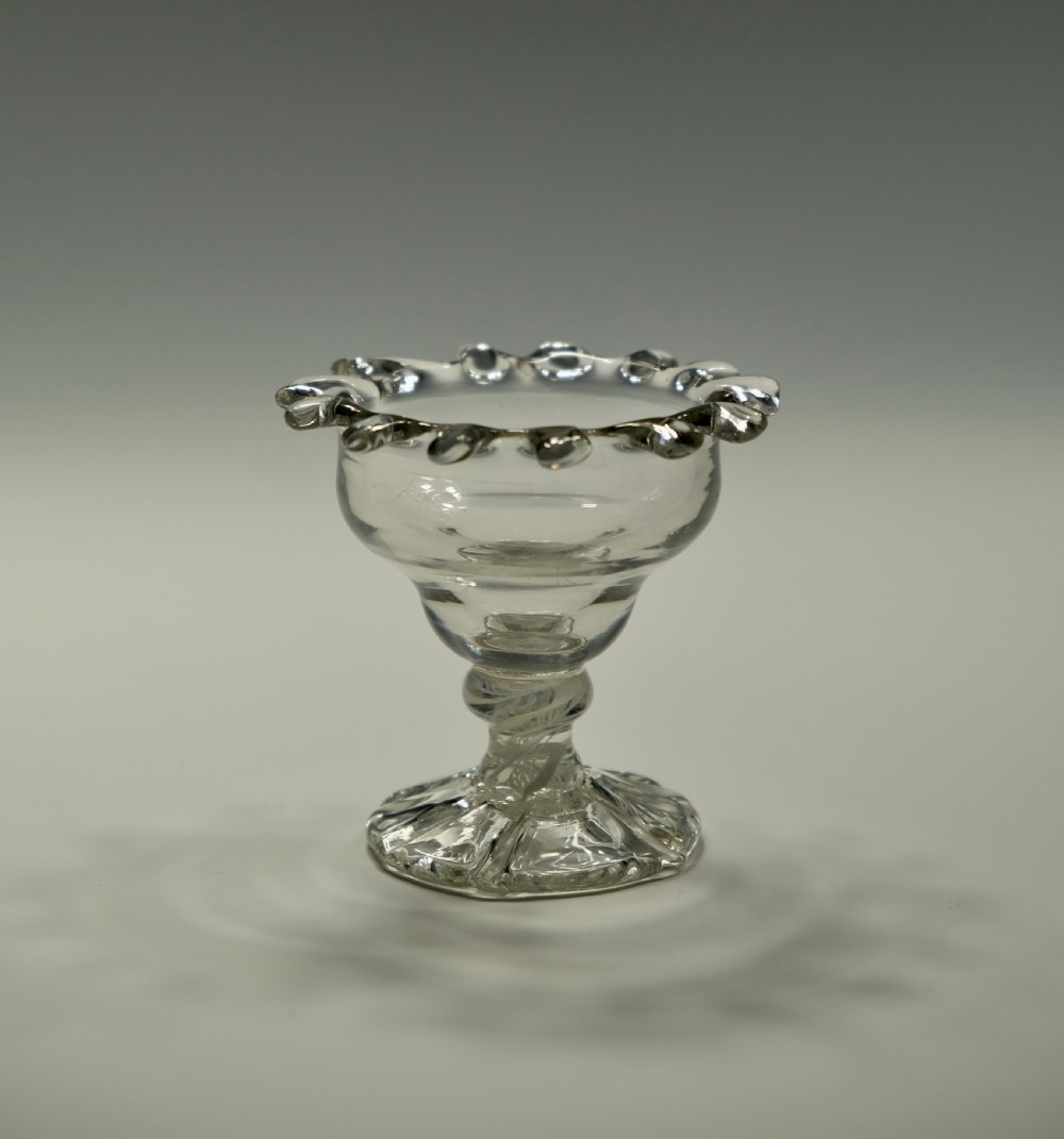 Small opaque twist sweetmeat glass with 'dogs tooth' border English C1765 View IV