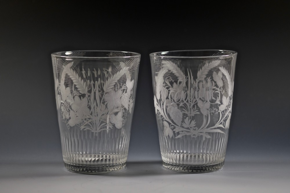 Fine pair of large engraved tumblers with basal cut flutes English C1790 View II