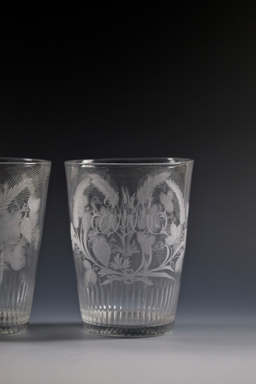 Fine pair of large engraved tumblers with basal cut flutes English C1790 View III