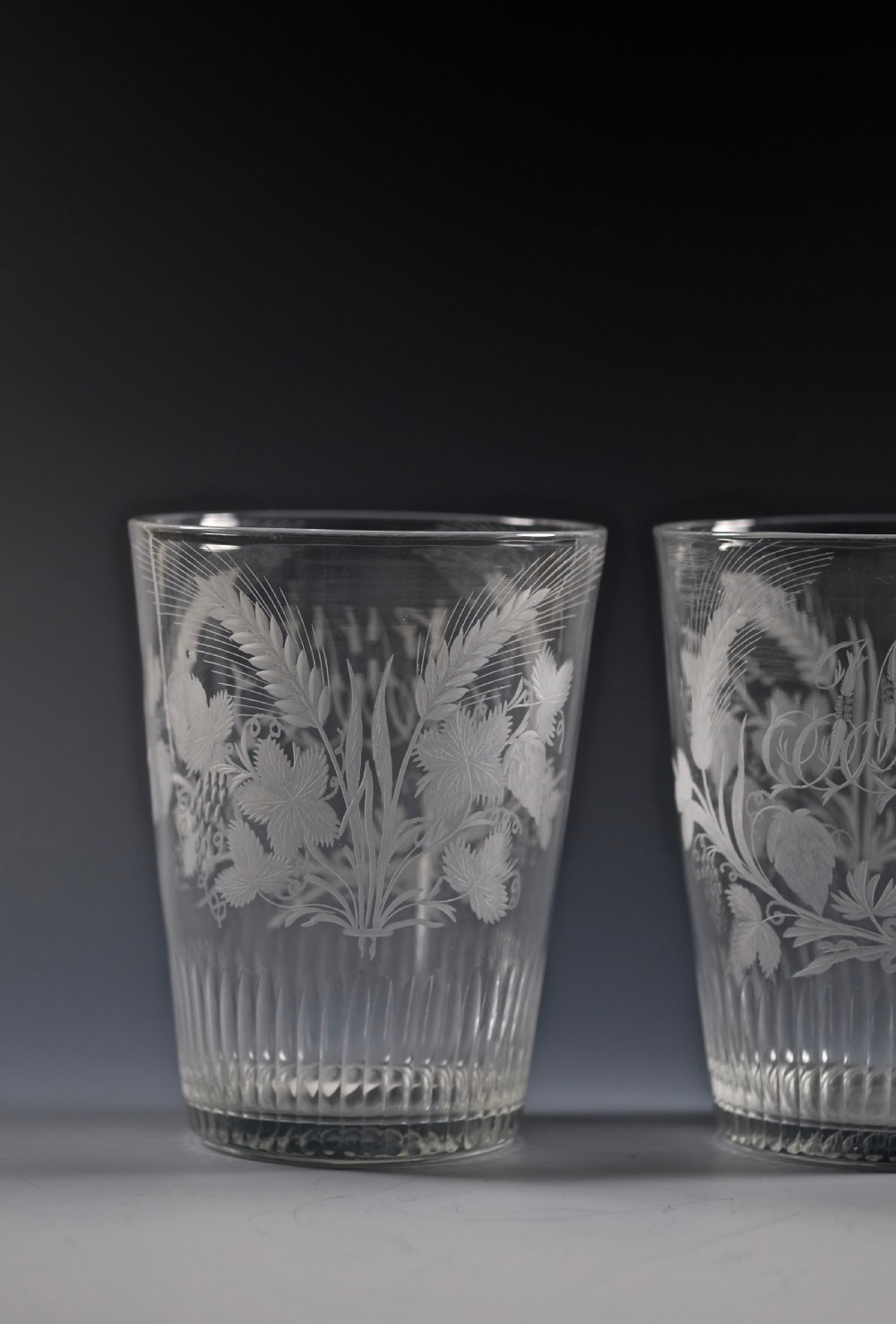 Fine pair of large engraved tumblers with basal cut flutes English C1790 View IV