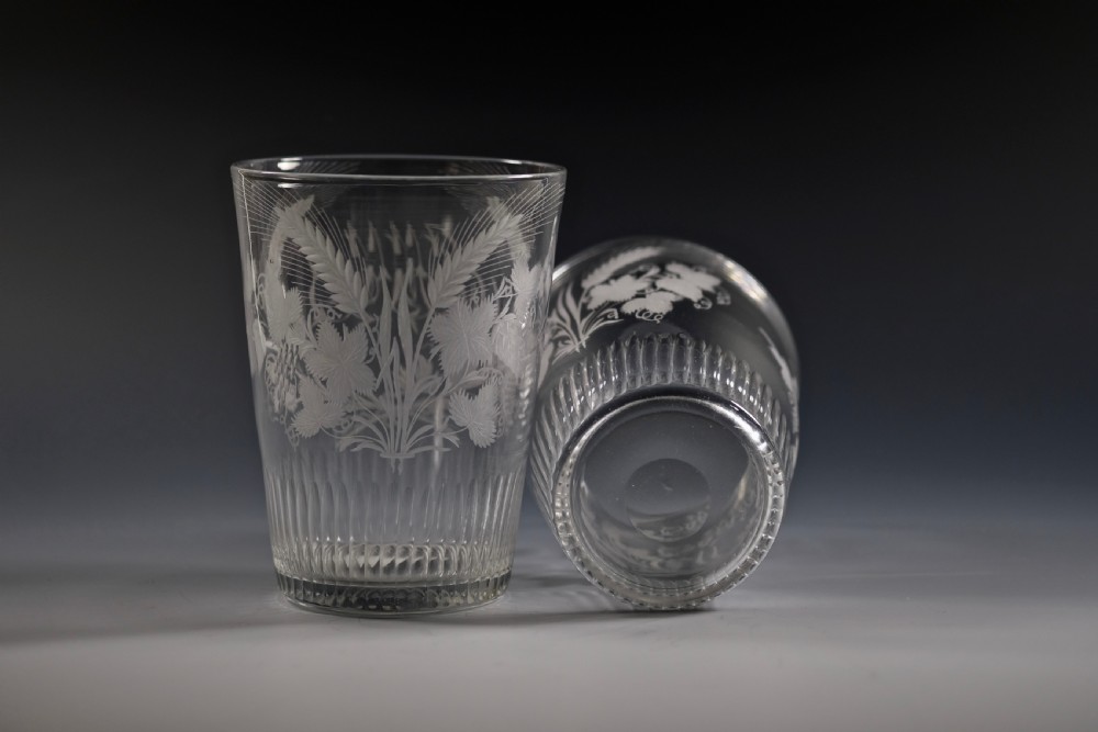 Fine pair of large engraved tumblers with basal cut flutes English C1790 View VI