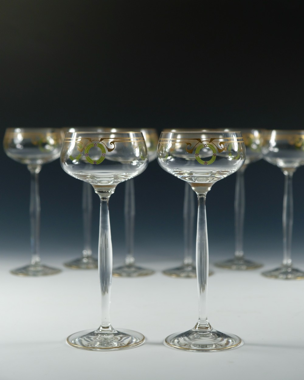 Set of eight Theresienthal Enamelled Hock Glasses c1910 View II