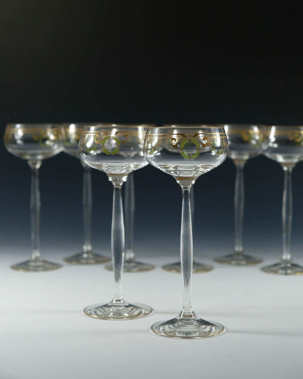 Set of eight Theresienthal Enamelled Hock Glasses c1910 View III