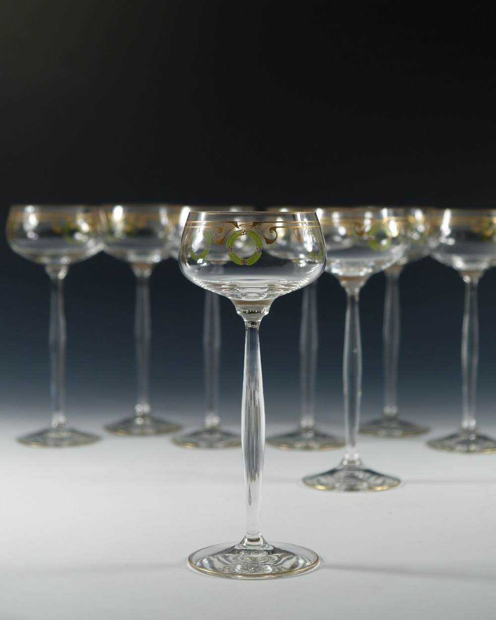 Set of eight Theresienthal Enamelled Hock Glasses c1910 View V