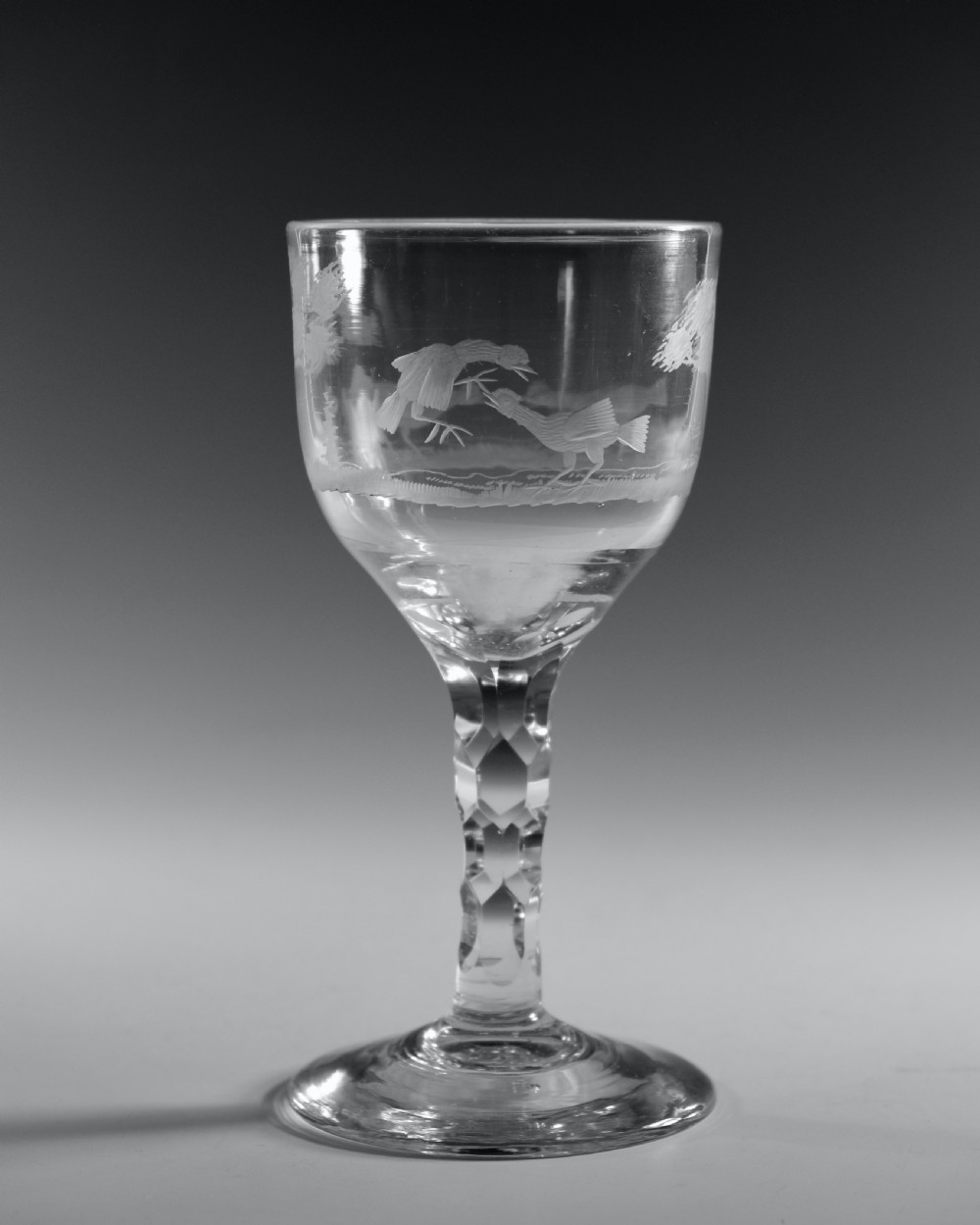 Rare facet stem cockfighting goblet English C1780 View II