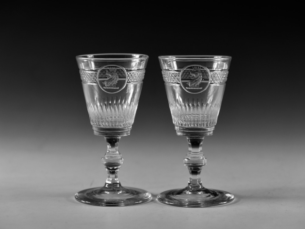 Antique glass - pair or small Clan MacGregor crested glasses c1820