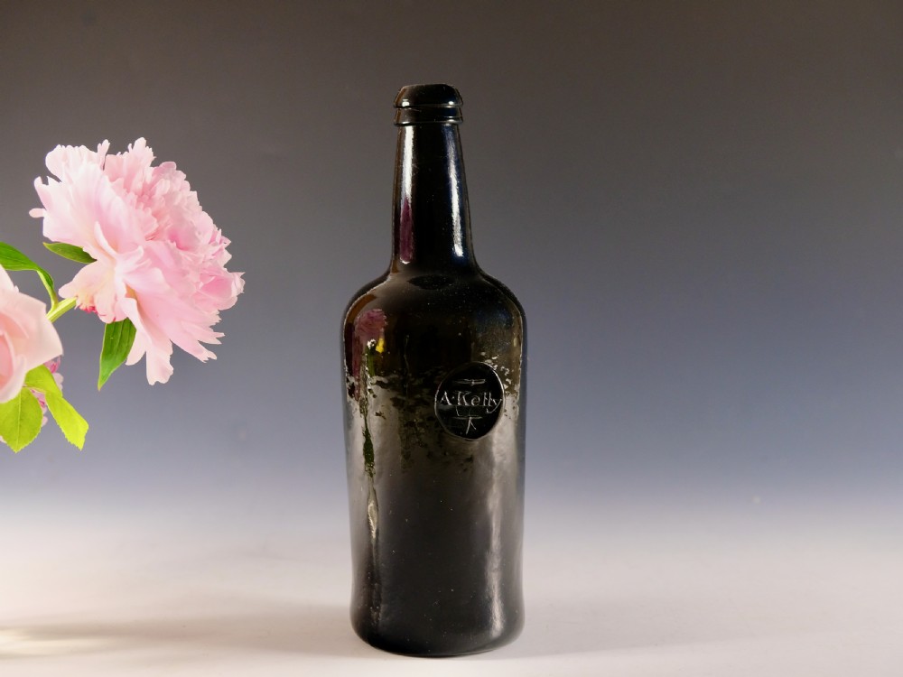 Antique glass - sealed wine bottle A Kelly c1790 - 1800