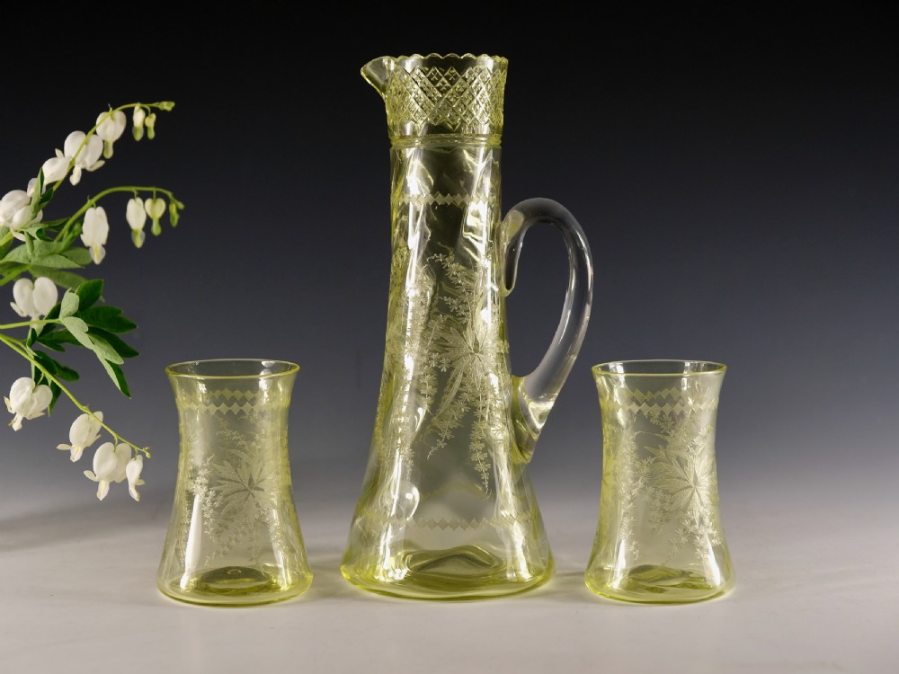 Antique glass - citrine jug and two goblets English c1900