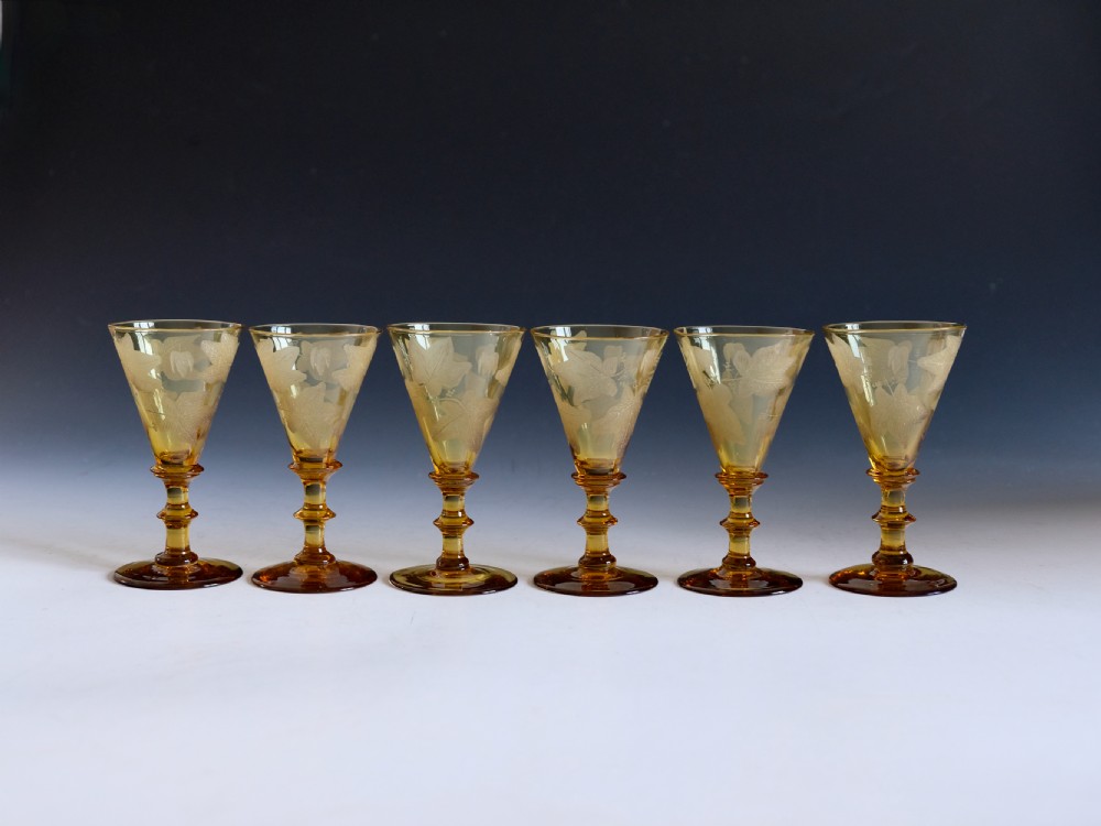 Antique glass - Set of six engraved amber wine glasses English c1860