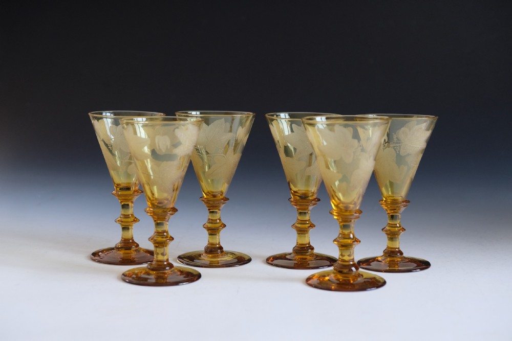 Antique glass - Set of six engraved amber wine glasses English c1860 View II
