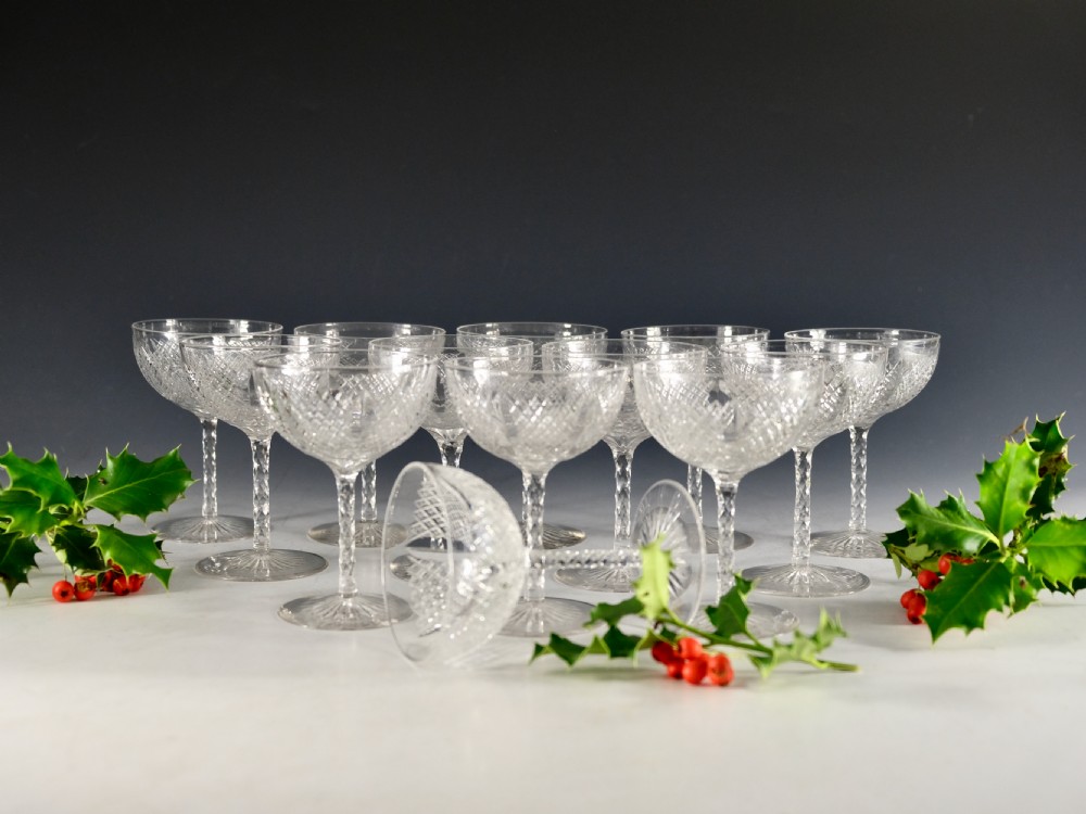 Antique glass - Set of 13 fine quality champagne glasses English c1880