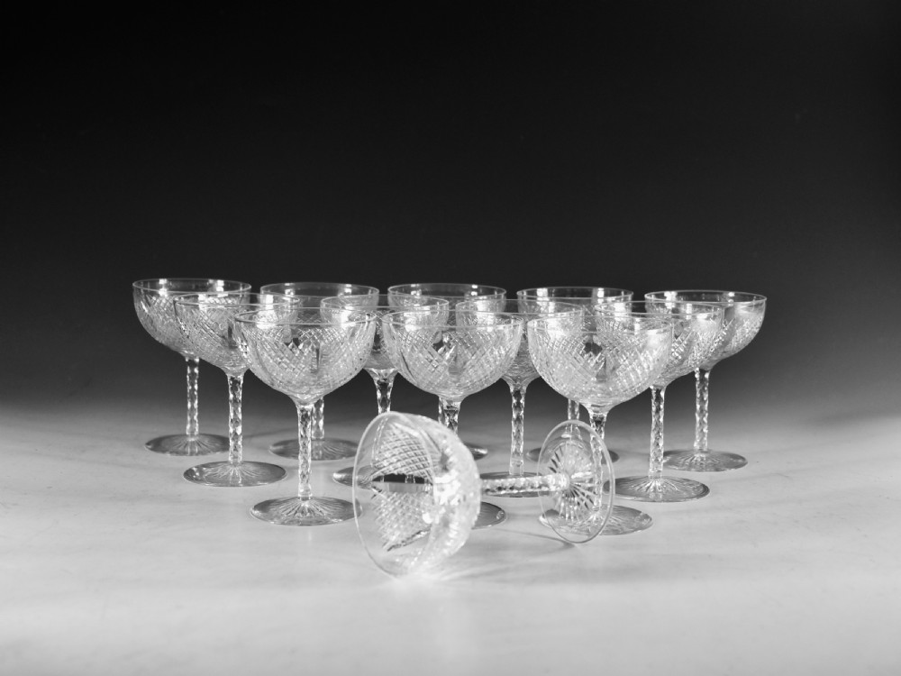 Antique glass - Set of 13 fine quality champagne glasses English c1880 View IV