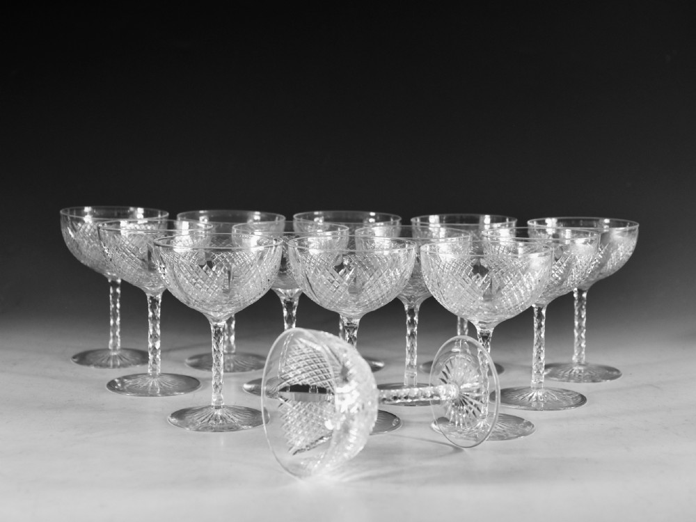 Antique glass - Set of 13 fine quality champagne glasses English c1880 View V