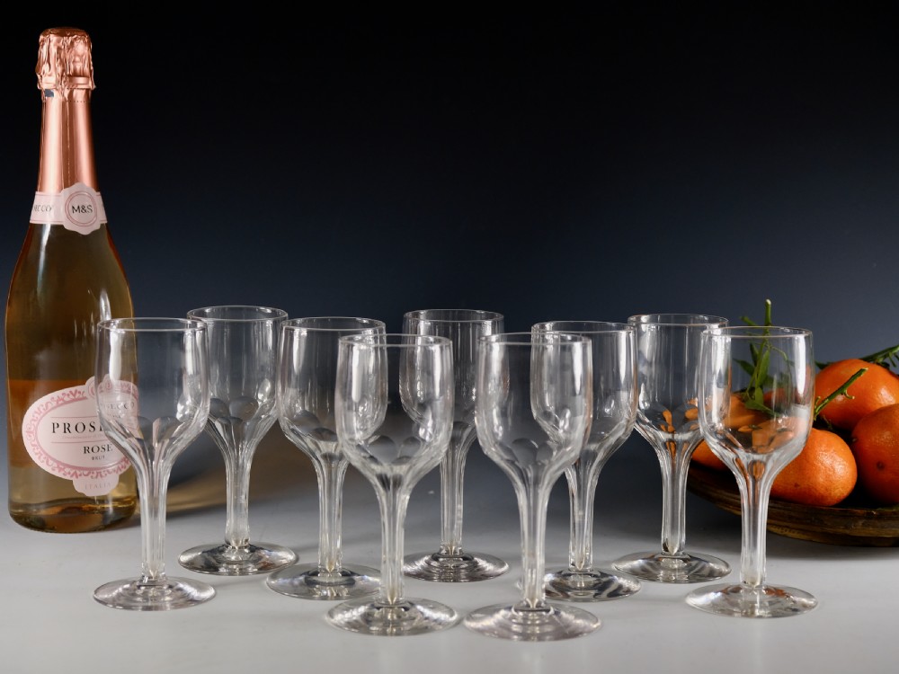 Antique glass - set go nine hollow stem wine glasses c1890 View V