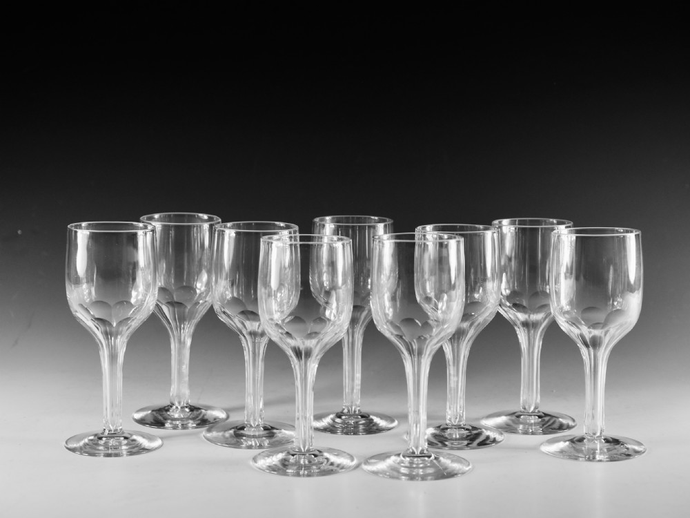 Antique glass - set go nine hollow stem wine glasses c1890 View III