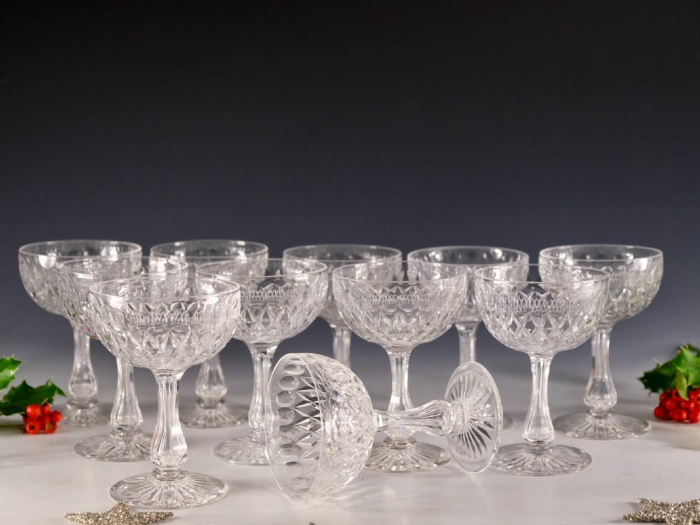 Antique glass - set of 11 champagne glasses English c1890