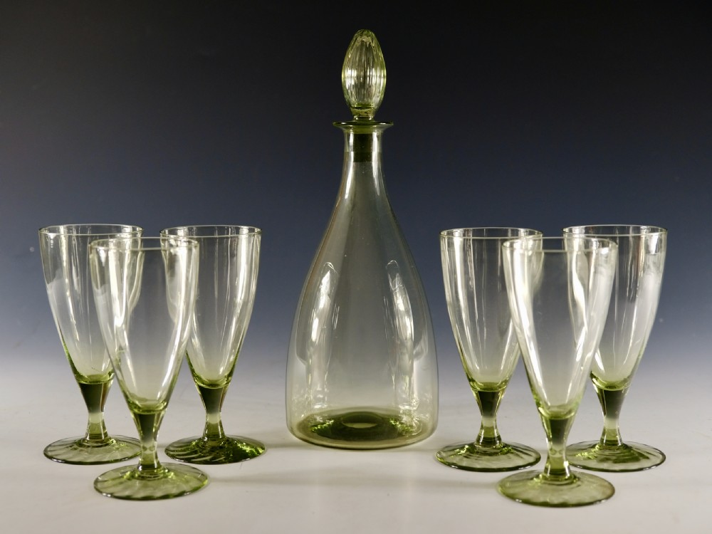 Antique glass - Sea green decanter and six glasses c1920