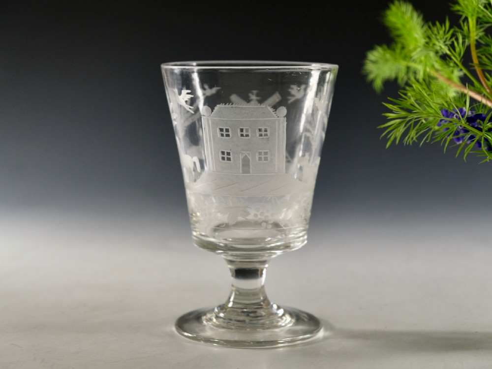 Antique glass rummer engraved rural scene English c1835