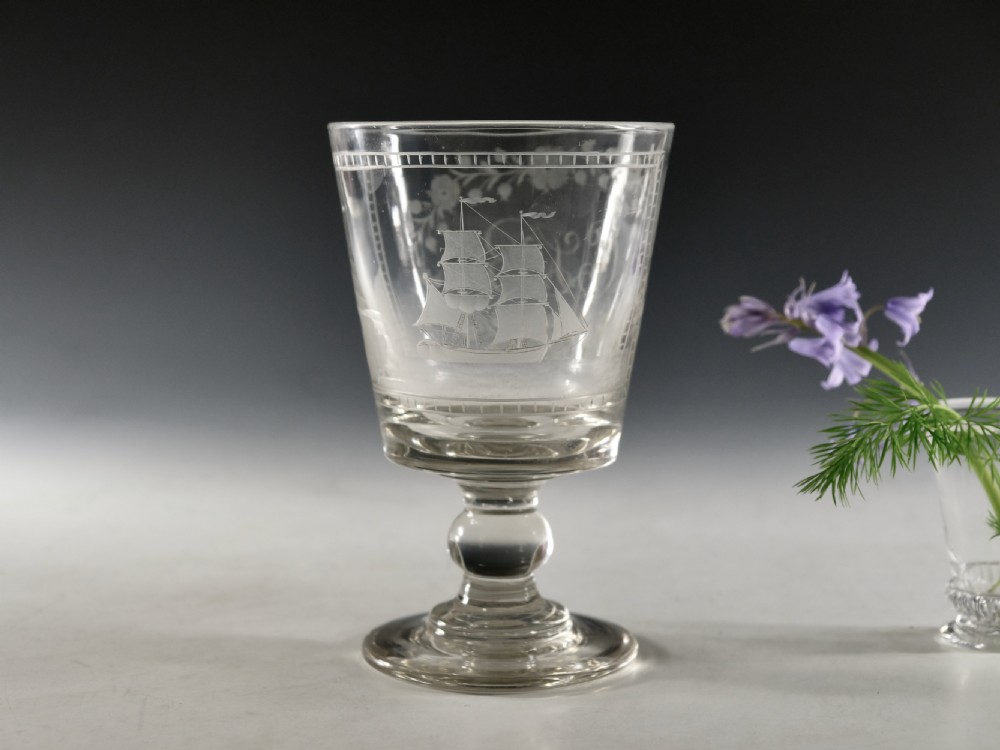Antique glass rummer engraved ship English c1820
