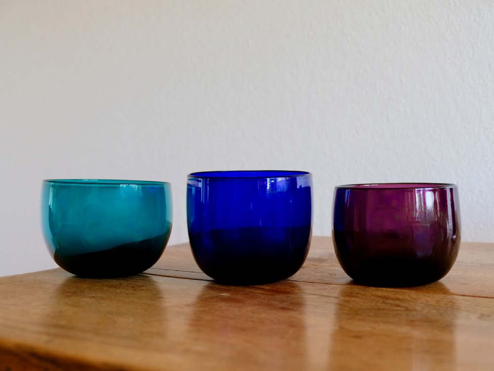 Antique glass three finger bowls, green, blue & amethyst English c1830
