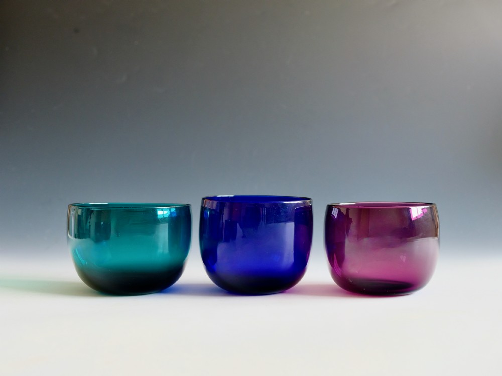 Antique glass three finger bowls, green, blue & amethyst English c1830 View II