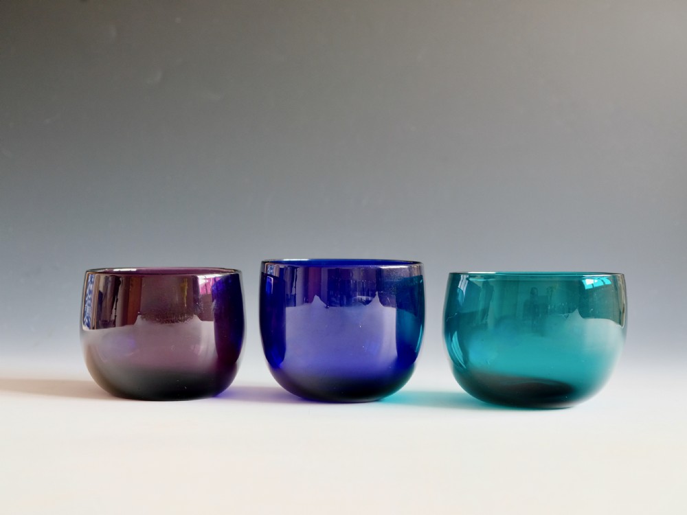 Antique glass three finger bowls, green, blue & amethyst English c1830 View II