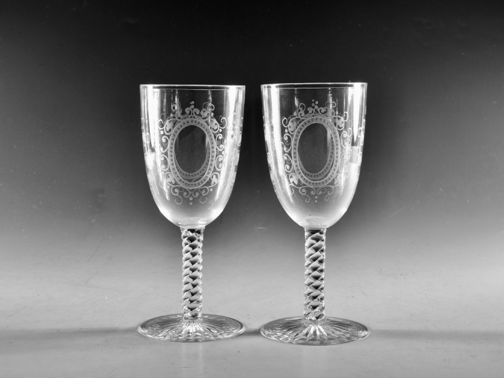 Antique glass goblets engraved pair English c1880