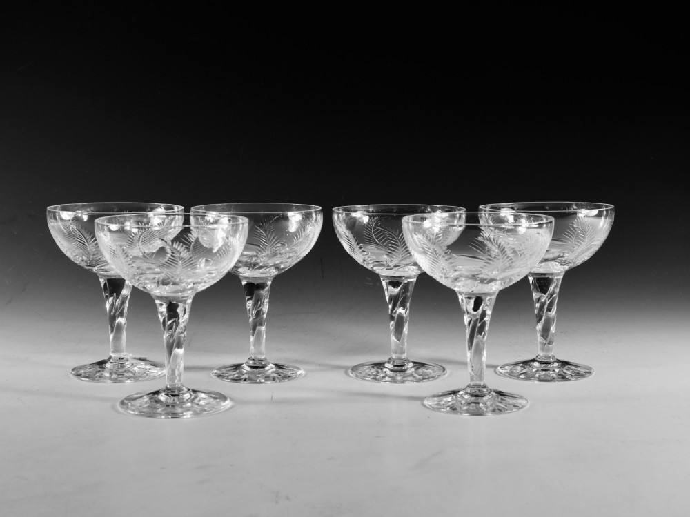 Antique glass champagne glasses set of six Stuart 1930-50