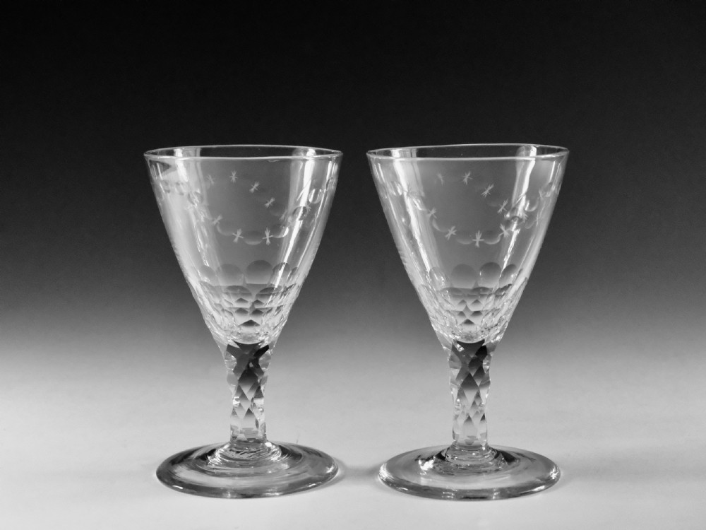Antique glass pair of facet stem goblets English c1780
