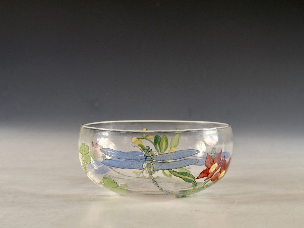 Antique glass fingerbowl enamelled by Hannah Walton c1900