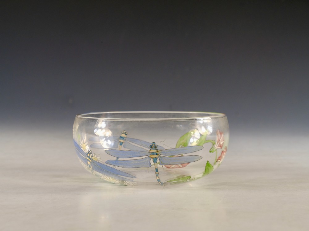 Antique glass finger bowl enamelled by Hannah Walton c1900