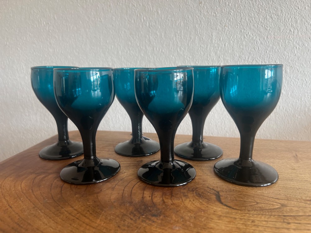Antique glass - set of six deep turquoise wine glasses English c1820
