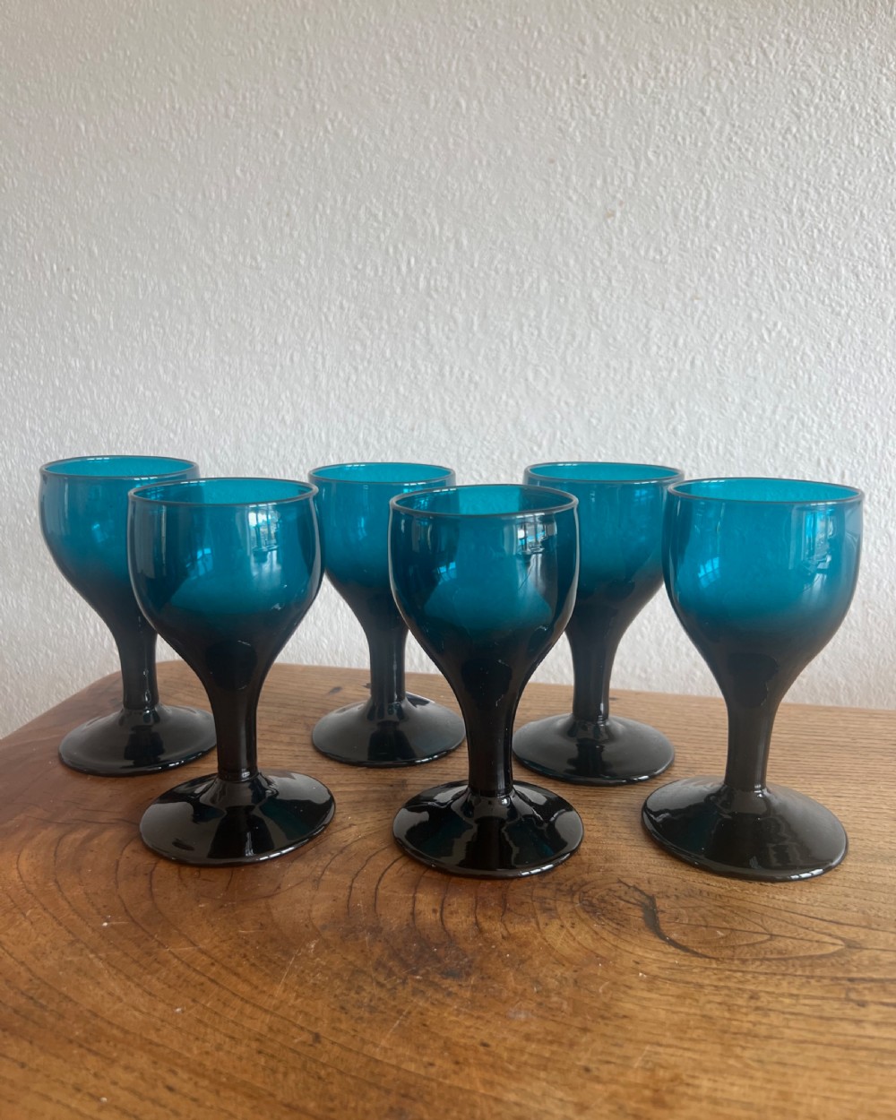 Antique glass - set of six deep turquoise wine glasses English c1820 View II