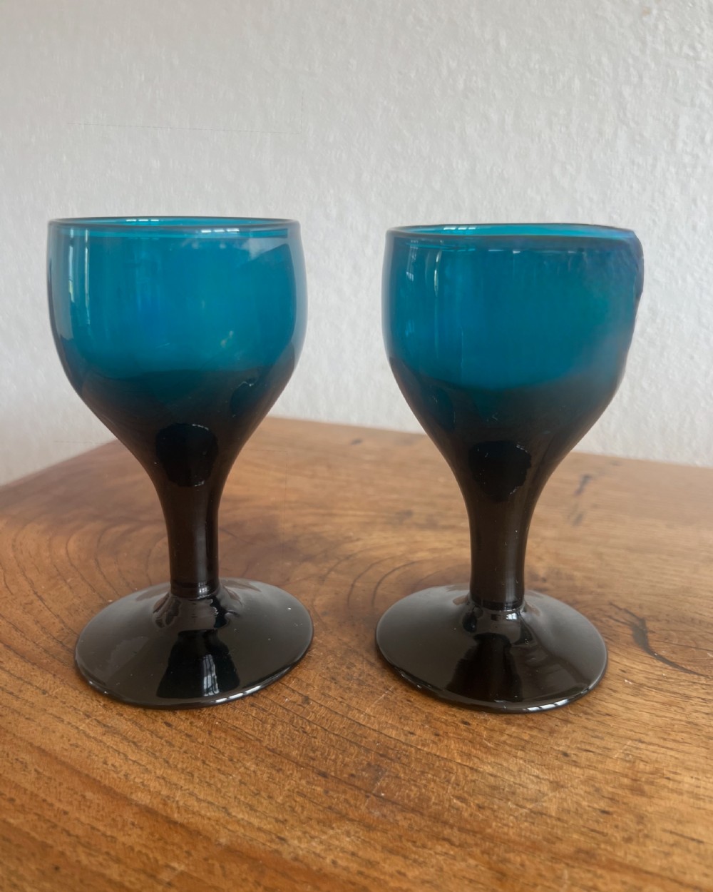 Antique glass - set of six deep turquoise wine glasses English c1820 View III